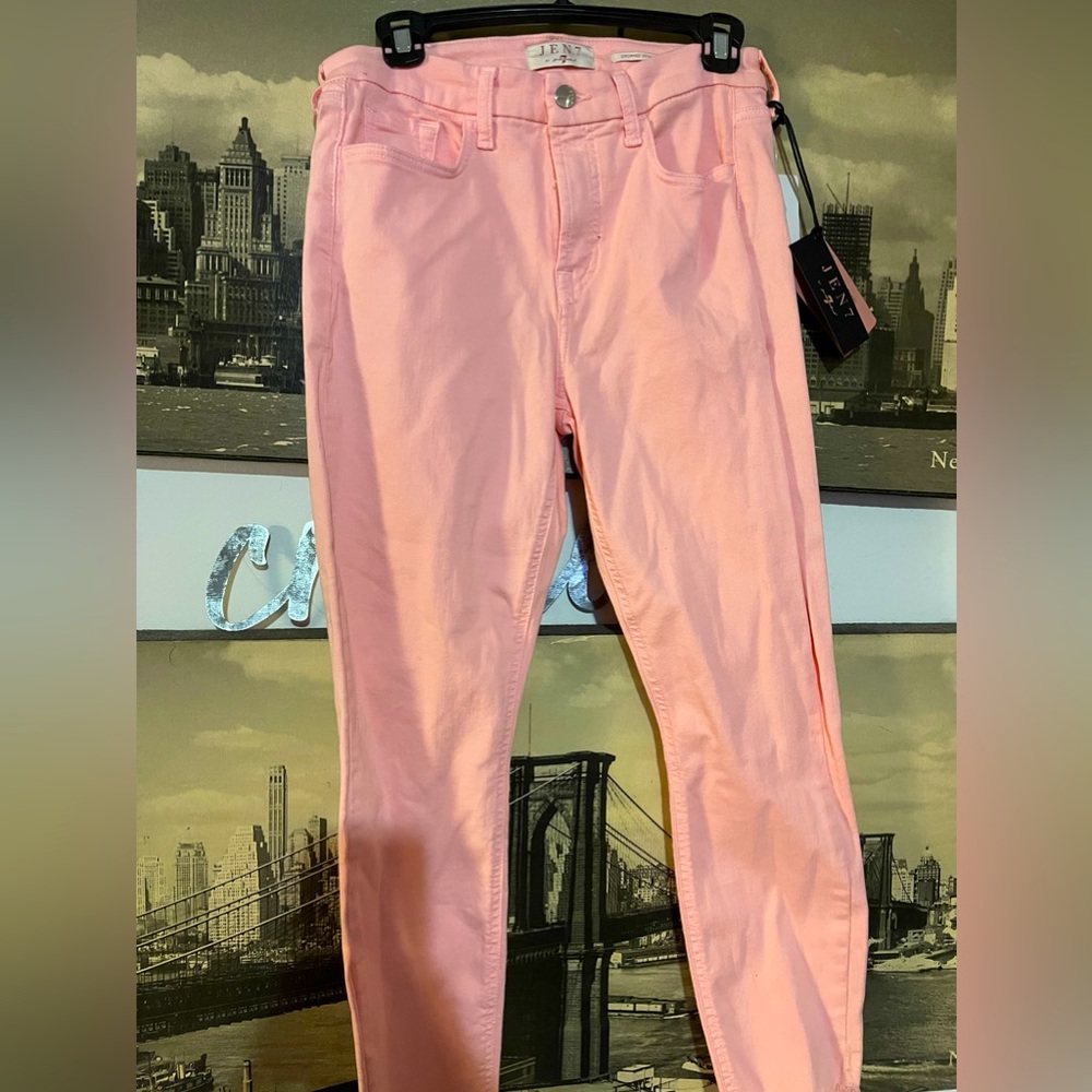 Jen 7 By 7 For All Mankind Enhance Me Jeans Pink Cropped Skinny Raw Hem Sz 6